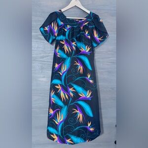 Vintage HILO HATTIE Purple Floral‎ Bird of Paradise Hawaiian Mumu Dress Women S